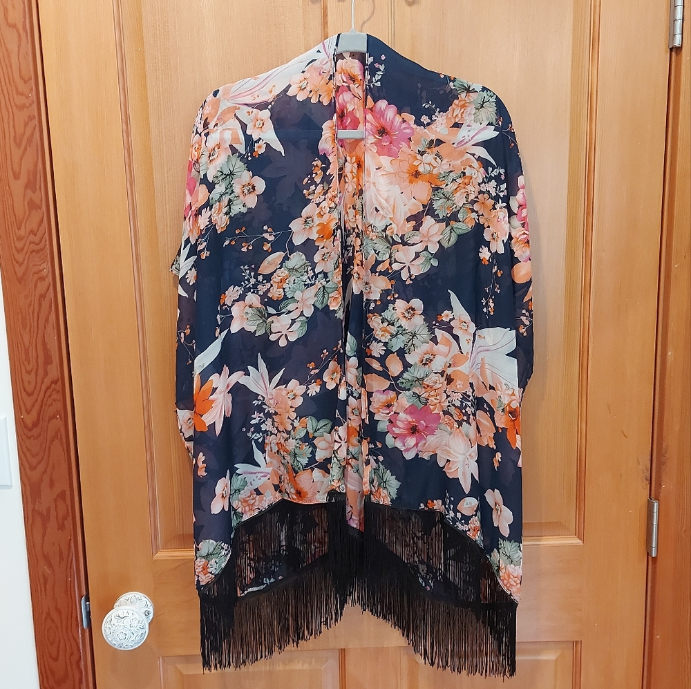 Beach cover up kimono floral top with tassels